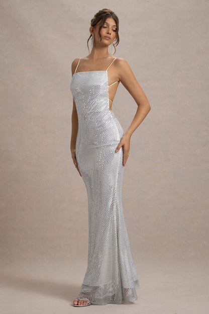 Quartz | Silver Hotfix Square-Neck Open-Back Maxi Dress