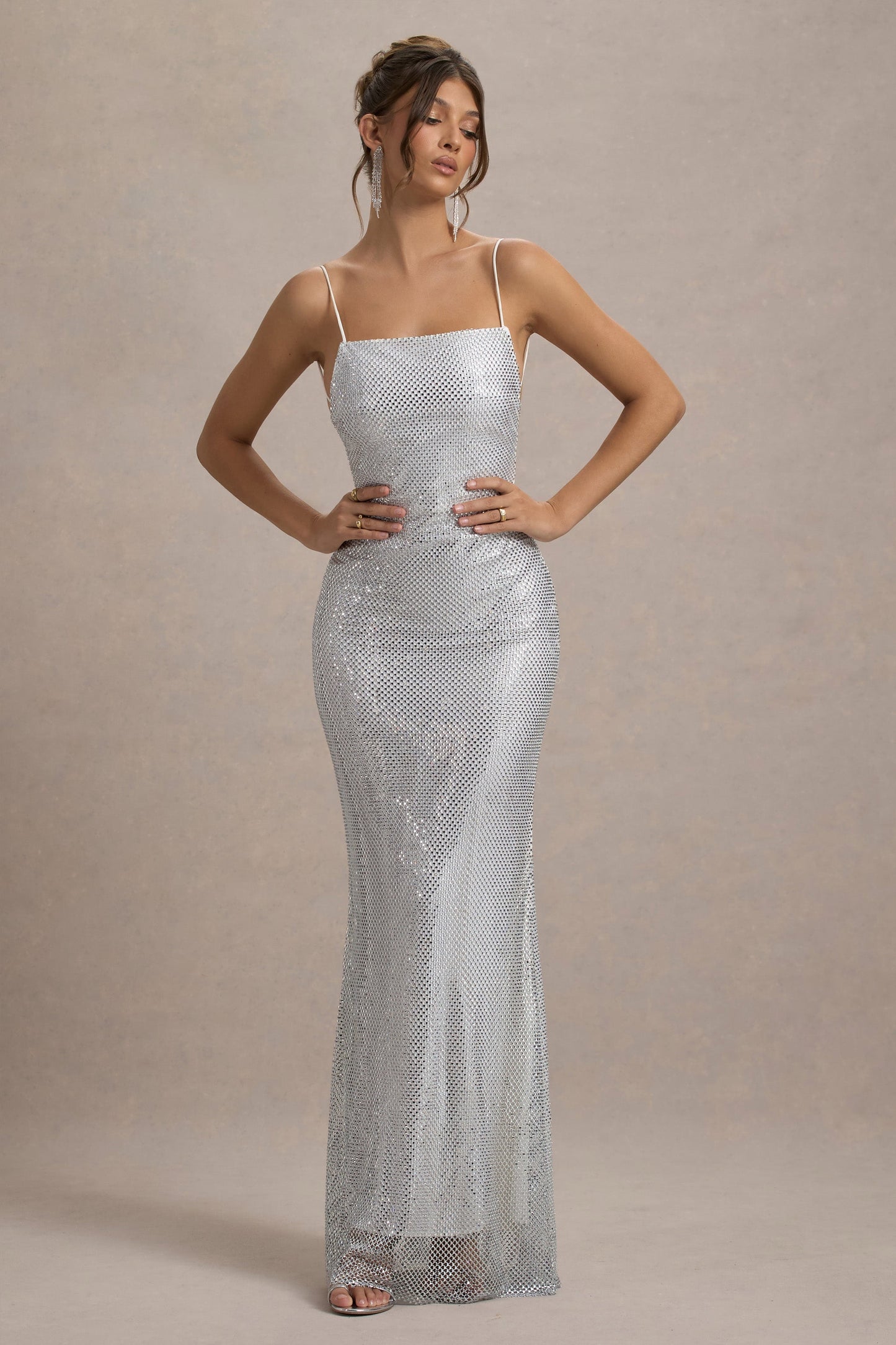 Quartz | Silver Hotfix Square-Neck Open-Back Maxi Dress