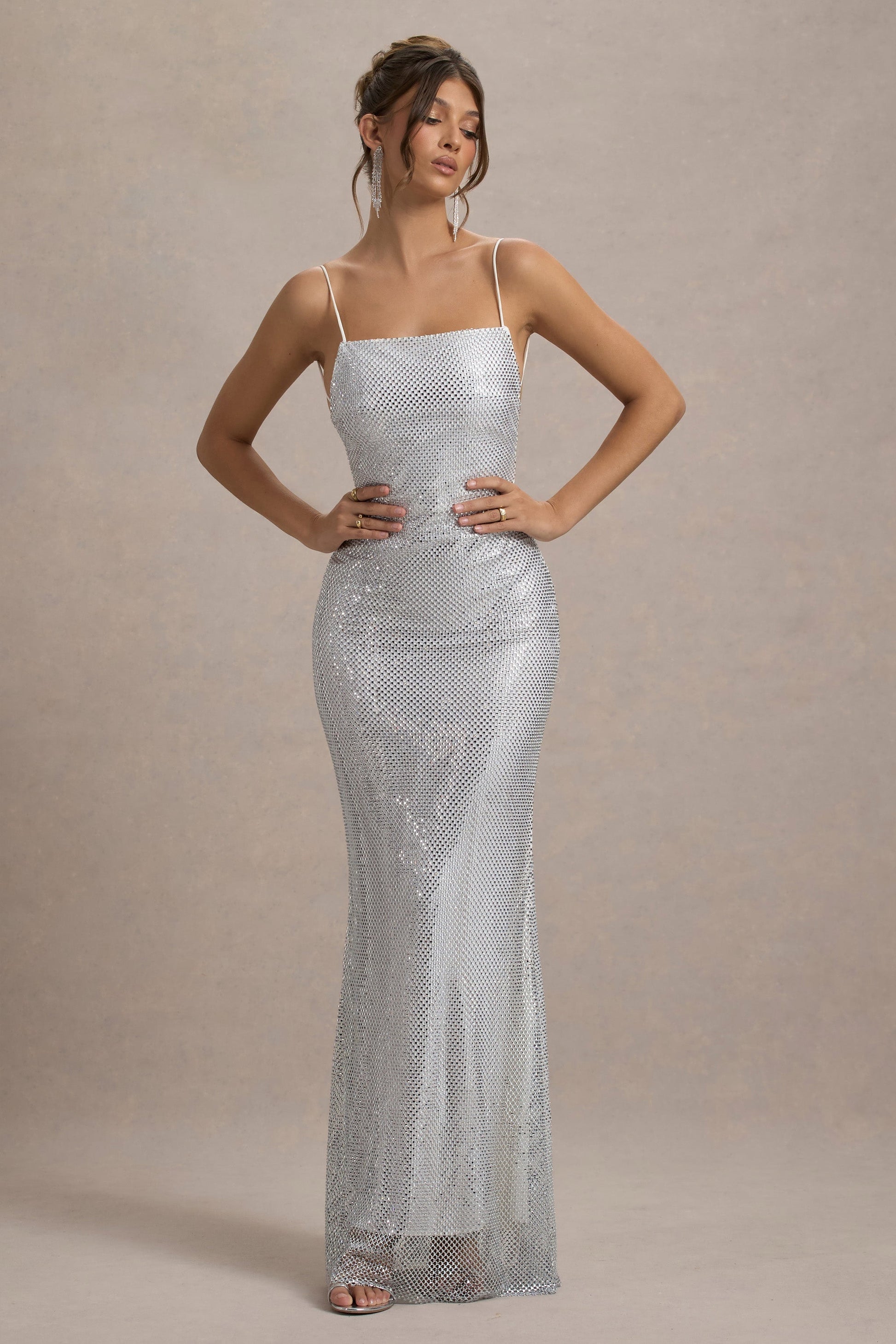 Quartz | Silver Hotfix Square-Neck Open-Back Maxi Dress