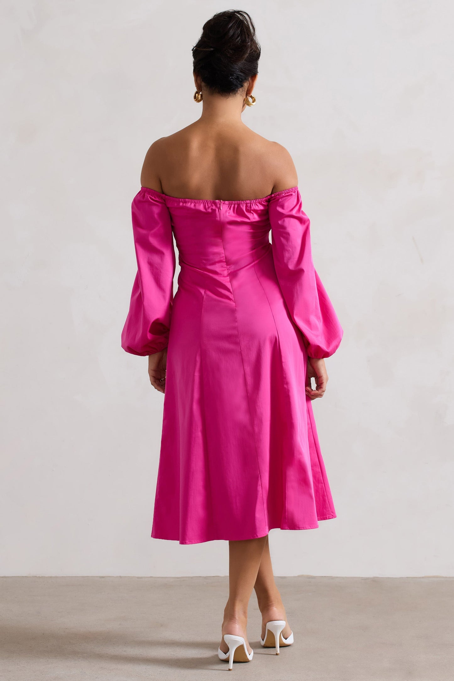 Santino | Hot Pink Twisted Bardot Puff-Sleeve Midi Dress