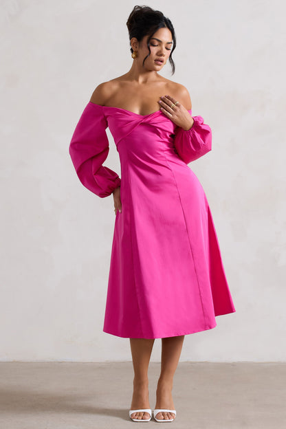 Santino | Hot Pink Twisted Bardot Puff-Sleeve Midi Dress