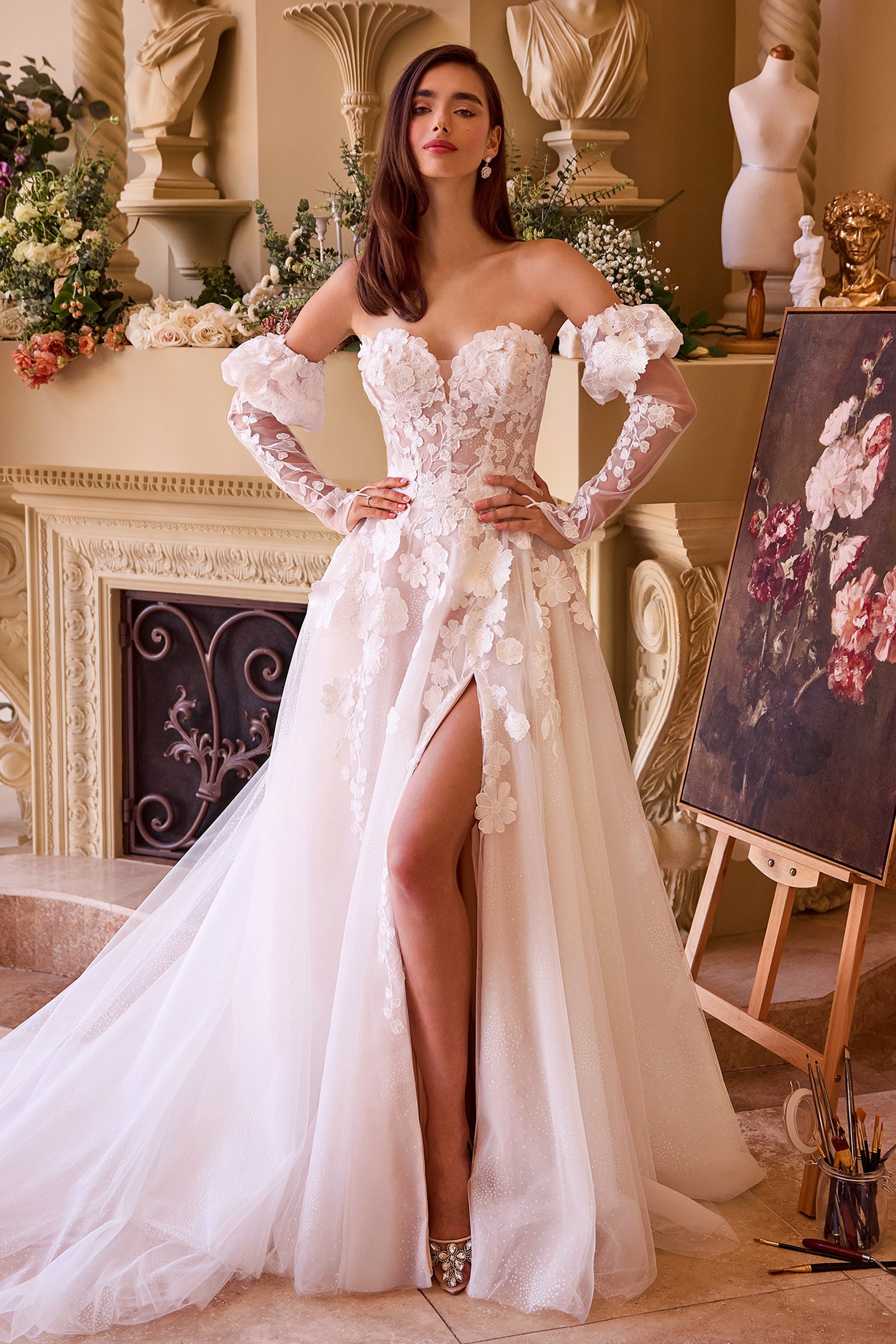 WL017 Floral Applique Adorned Strapless Wedding Gown Andrea & Leo