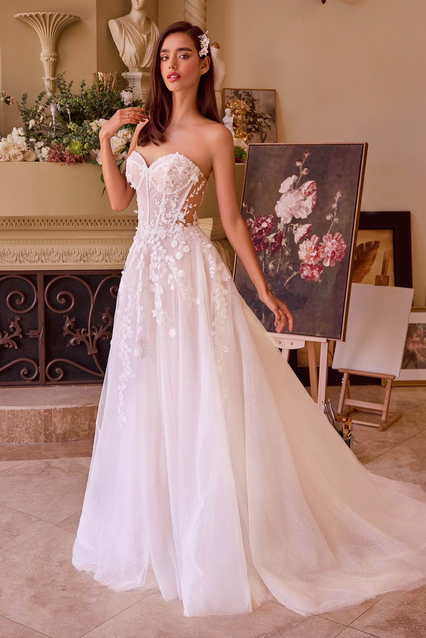WL032 Floral Appliqued Strapless Wedding Ball Gown Andrea & Leo