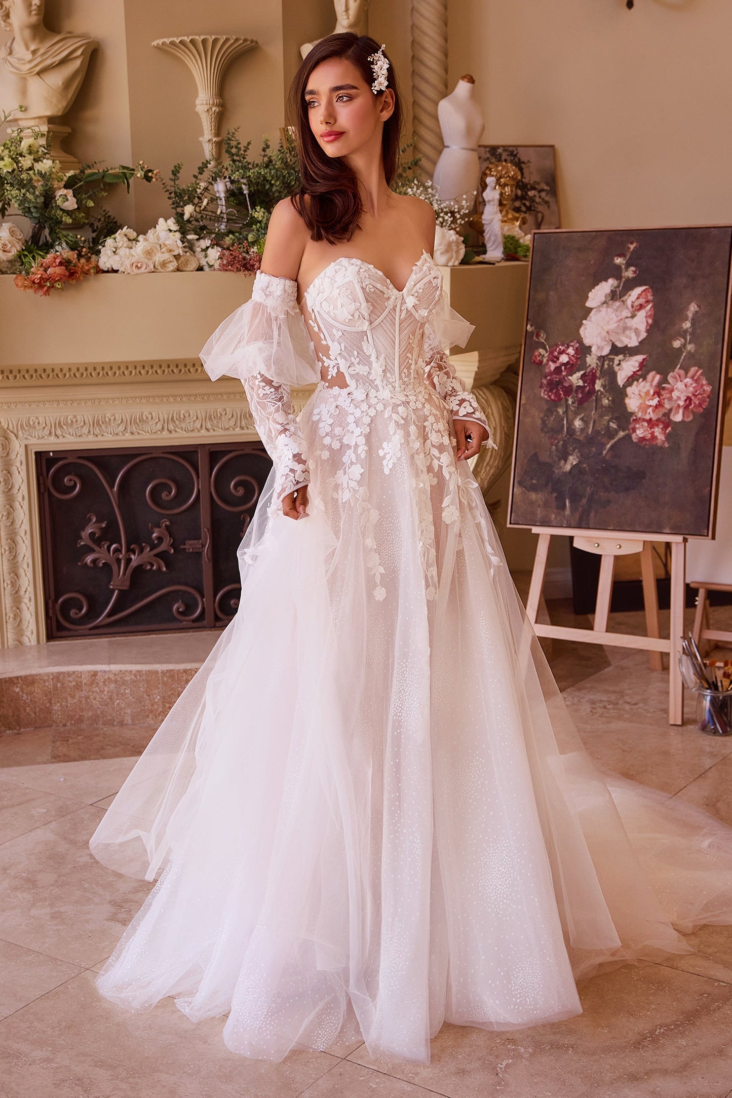 WL032 Floral Appliqued Strapless Wedding Ball Gown Andrea & Leo