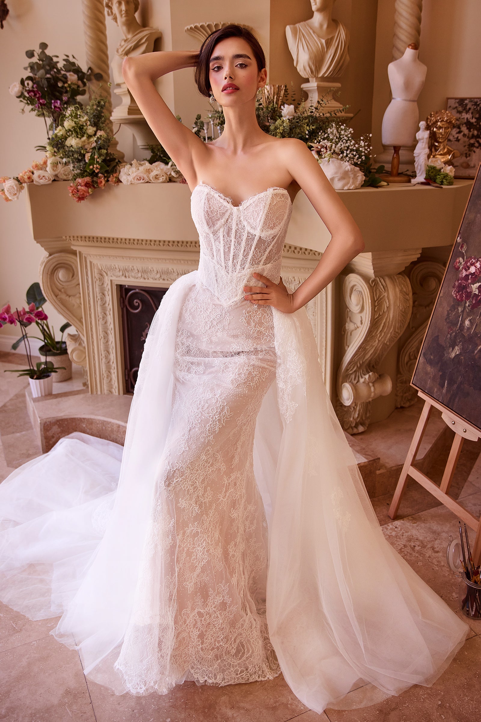 WL044 FITTED LACE WEDDING DRESS & REMOVABLE OVERSKIRT Andrea & Leo