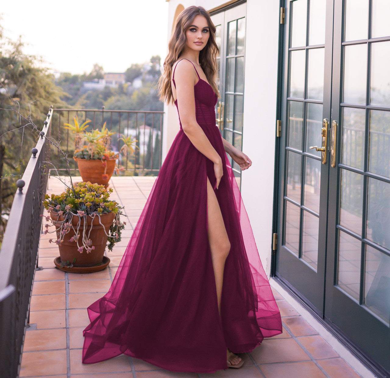 Yasmin Gown Mulberry Tulle A- Dress With Pleated Bodice
