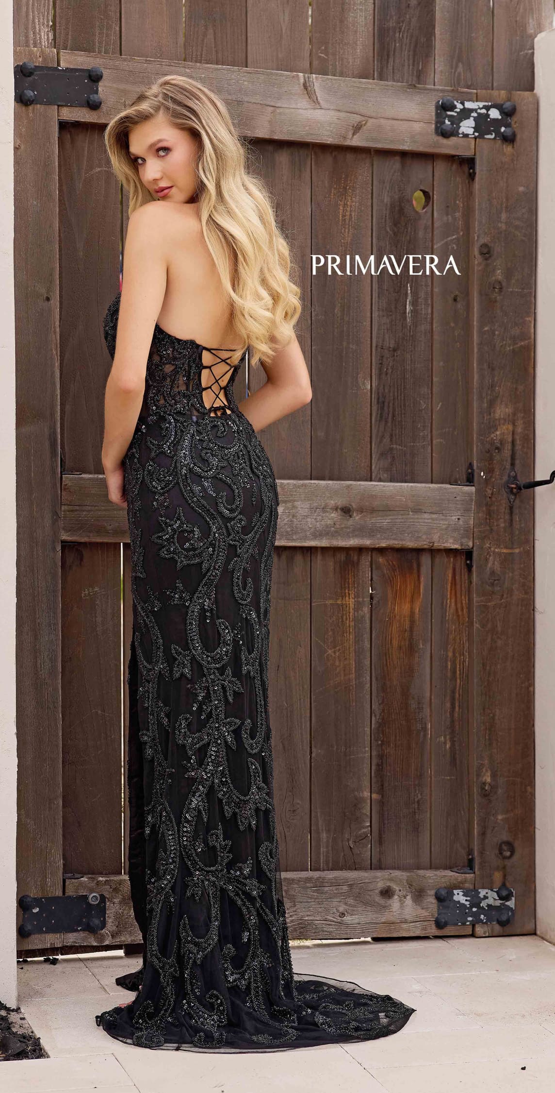 4356 Primavera Strapless Beaded Dress with Corset Back