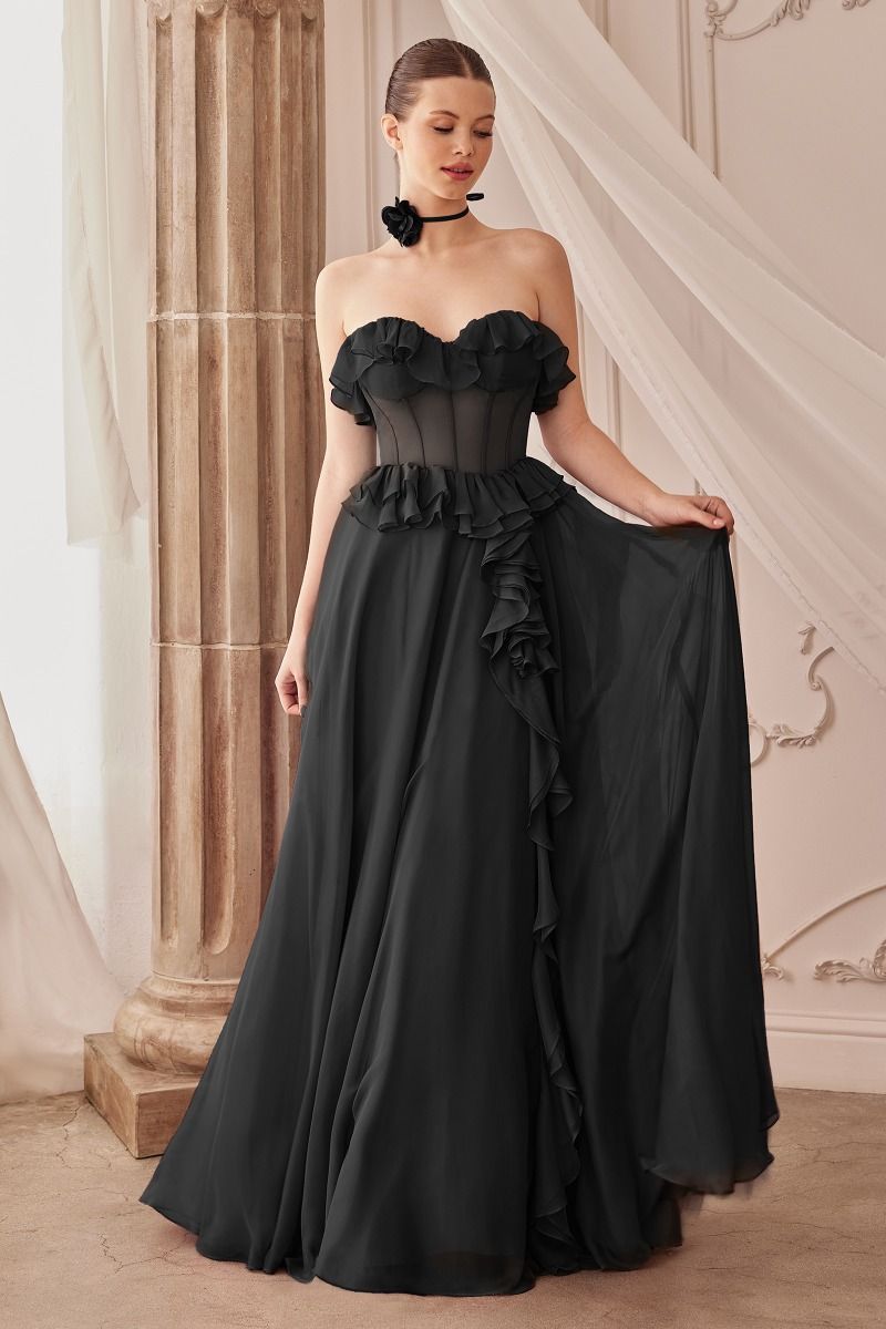 A1341 STRAPLESS CHIFFON RUFFLE A- DRESS Andrea & Leo