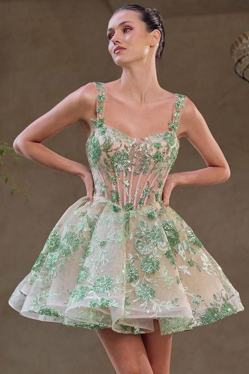A1347 SHORT SEQUIN FLORAL PRINT A- DRESS Andrea & Leo