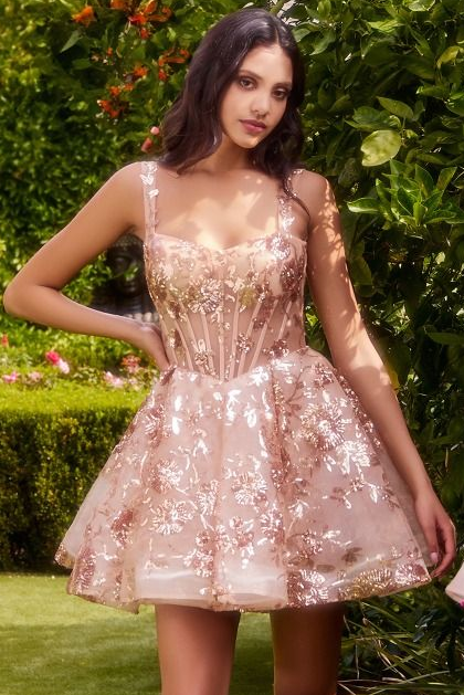 A1347 SHORT SEQUIN FLORAL PRINT A- DRESS Andrea & Leo