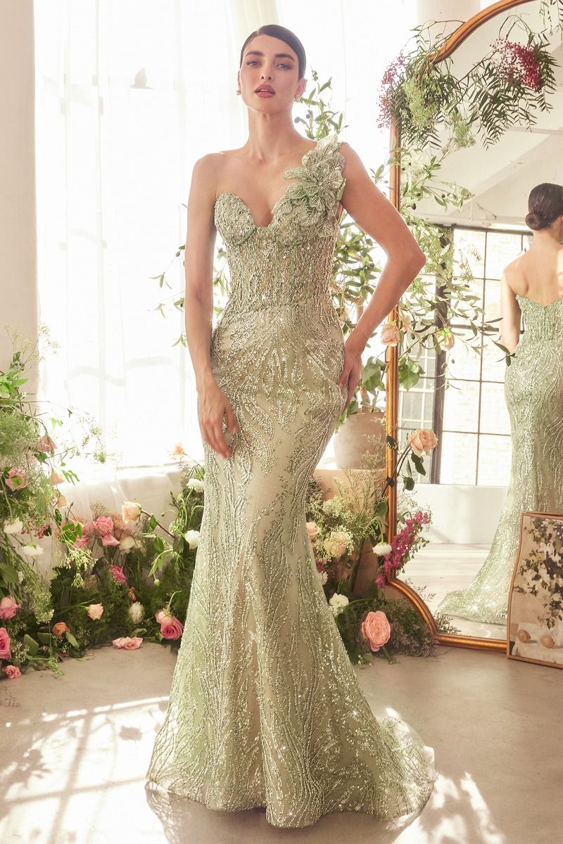 A1392 ONE SHOULDER FULLY BEADED FLORAL MOTIF GOWN GREENERY Andrea & Leo