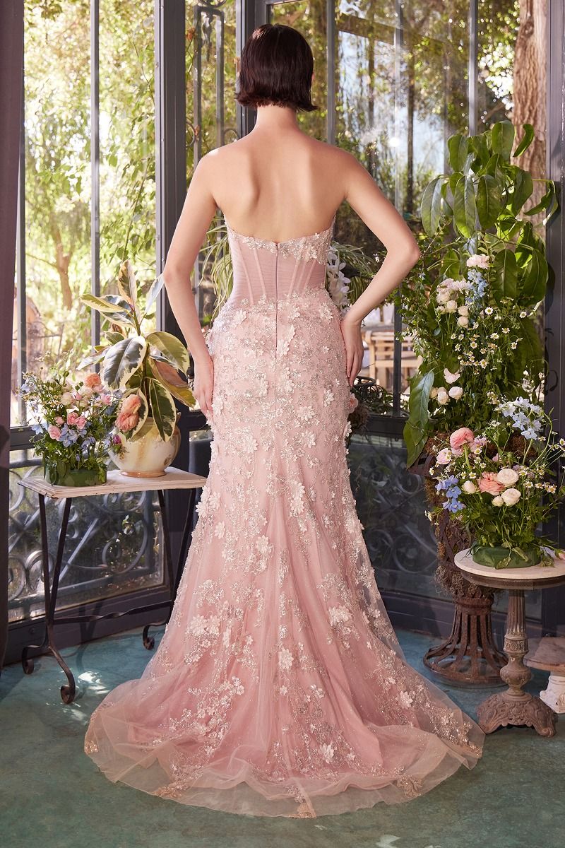 A1396 SHEER PLEATED CORSET GOWN Andrea & Leo
