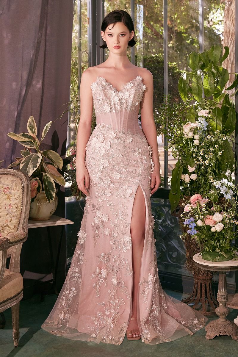A1396 SHEER PLEATED CORSET GOWN Andrea & Leo