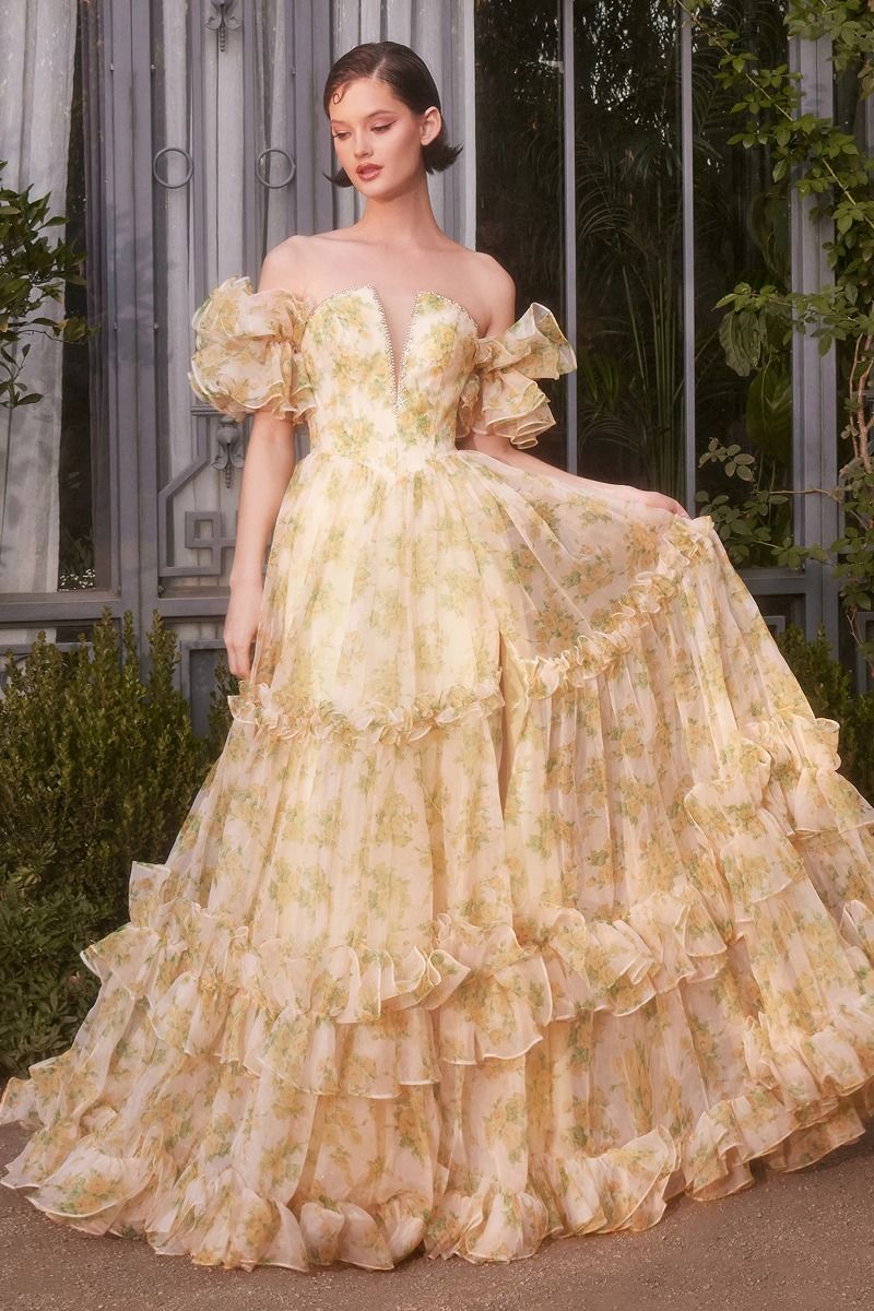 A1430 STRAPLESS FLORAL PRINTED BALL GOWN Andrea & Leo