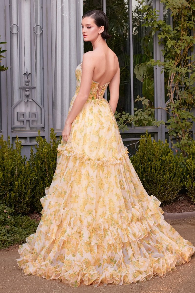 A1430 STRAPLESS FLORAL PRINTED BALL GOWN Andrea & Leo
