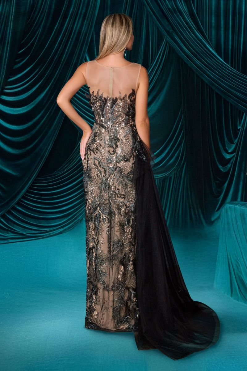 A1489 FITTED GOWN WITH ILLUSION NECKLINE Andrea & Leo