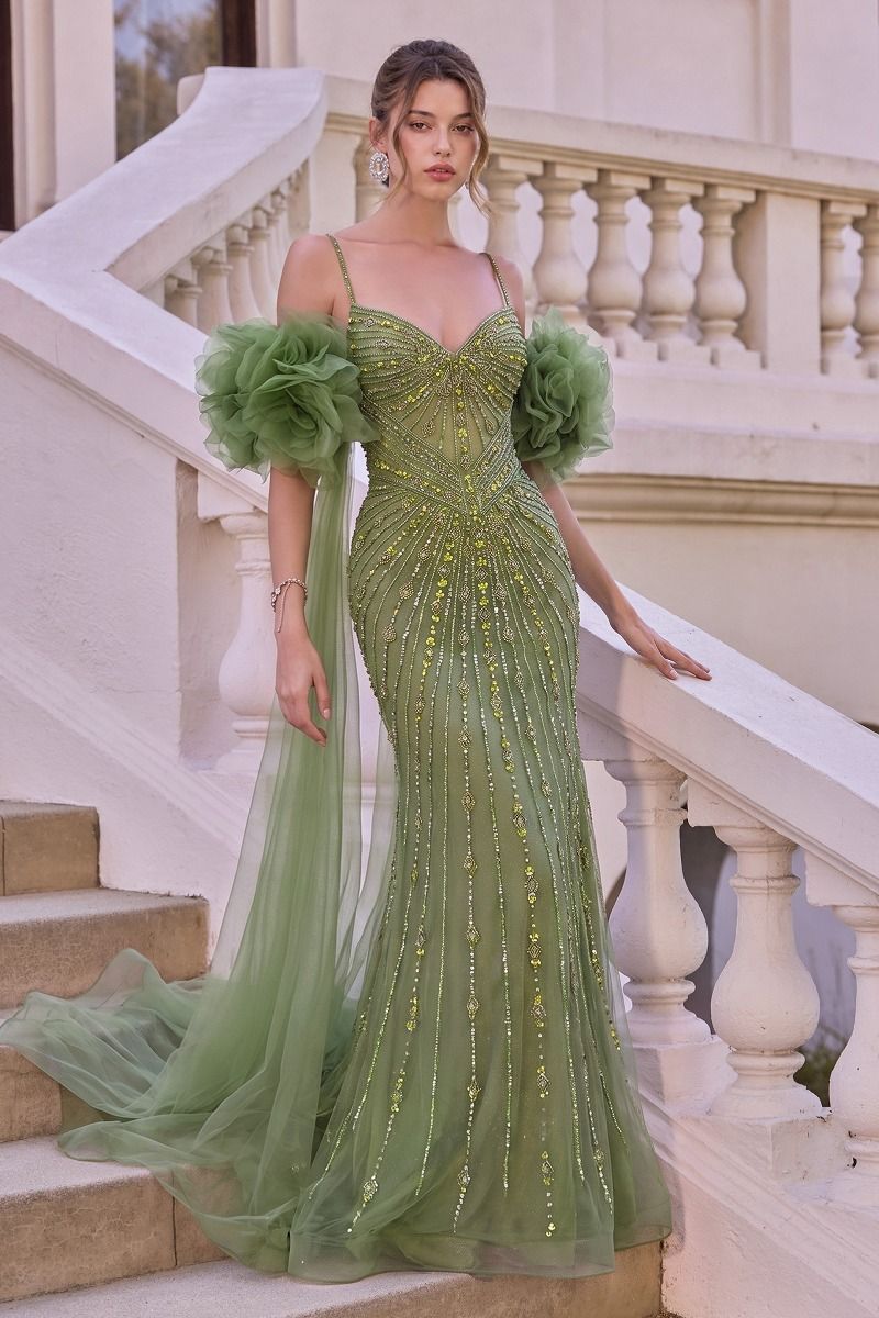 A1515 FITTED BEADED GOWN WITH RUFFLE TULLE CAPE Andrea & Leo