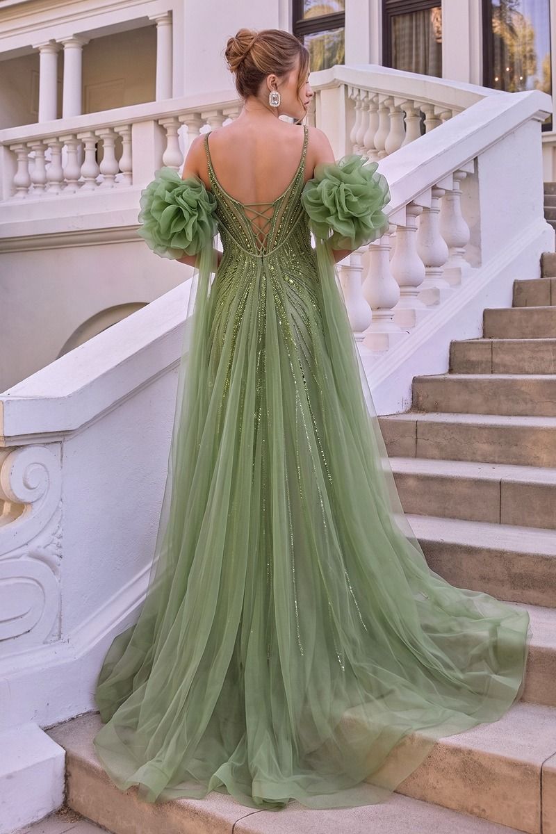 A1515 FITTED BEADED GOWN WITH RUFFLE TULLE CAPE Andrea & Leo