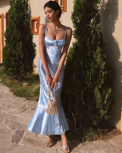 Aiza Floral Satin Midi Dress Ocean Blue