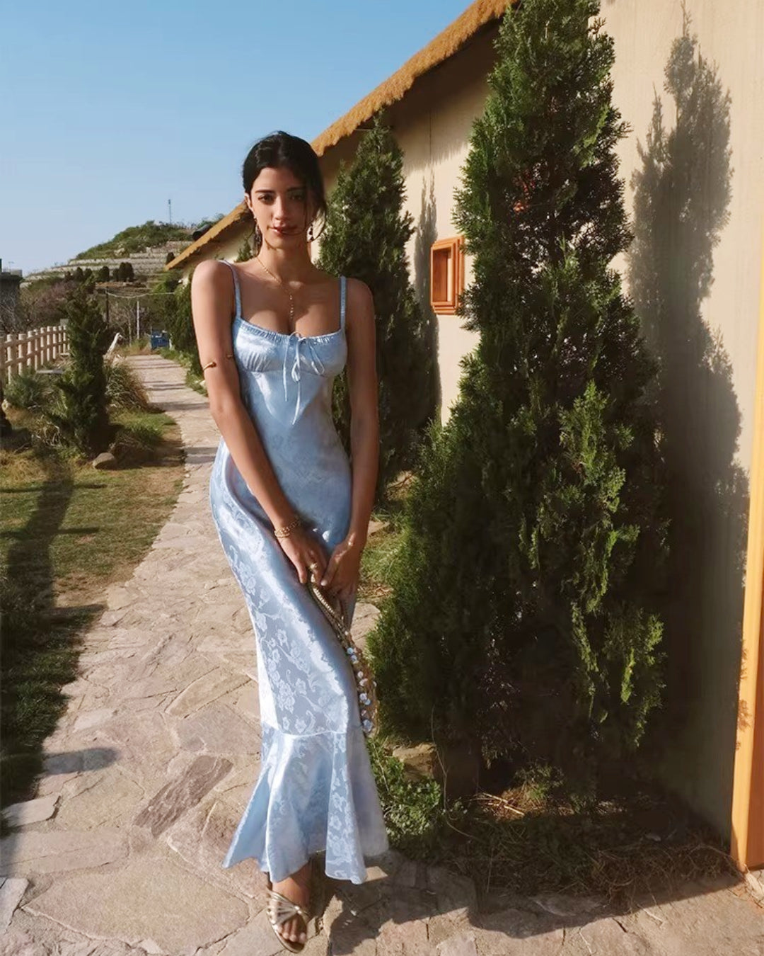 Aiza Floral Satin Midi Dress Ocean Blue