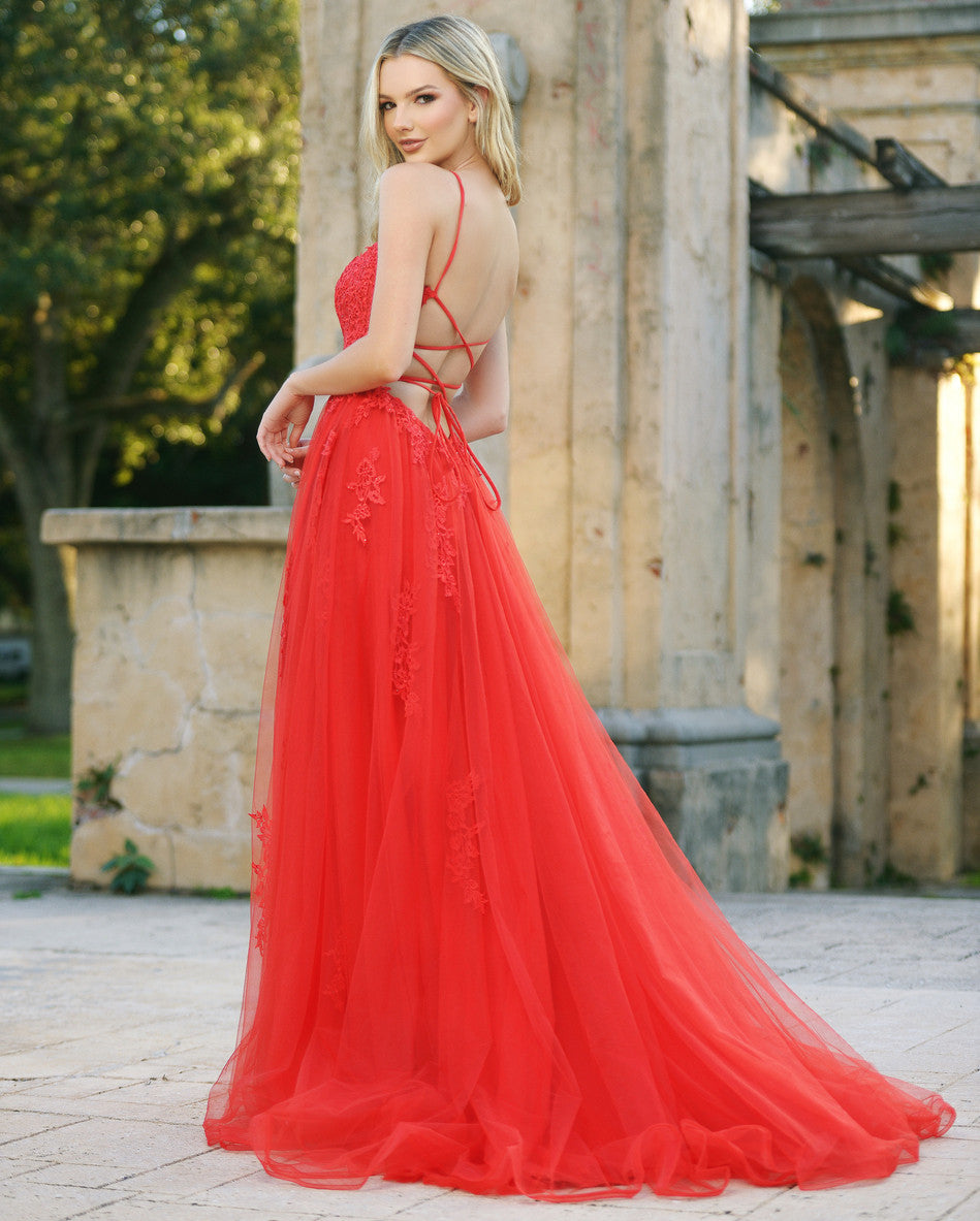 Alisha Gown Red Tulle A- Dress With Open Back
