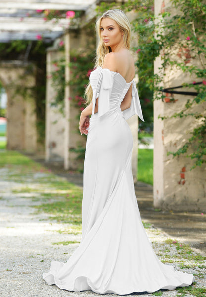 Amber Gown Off-White Off Shoulder Stretch Spandex Satin Dress With Ties