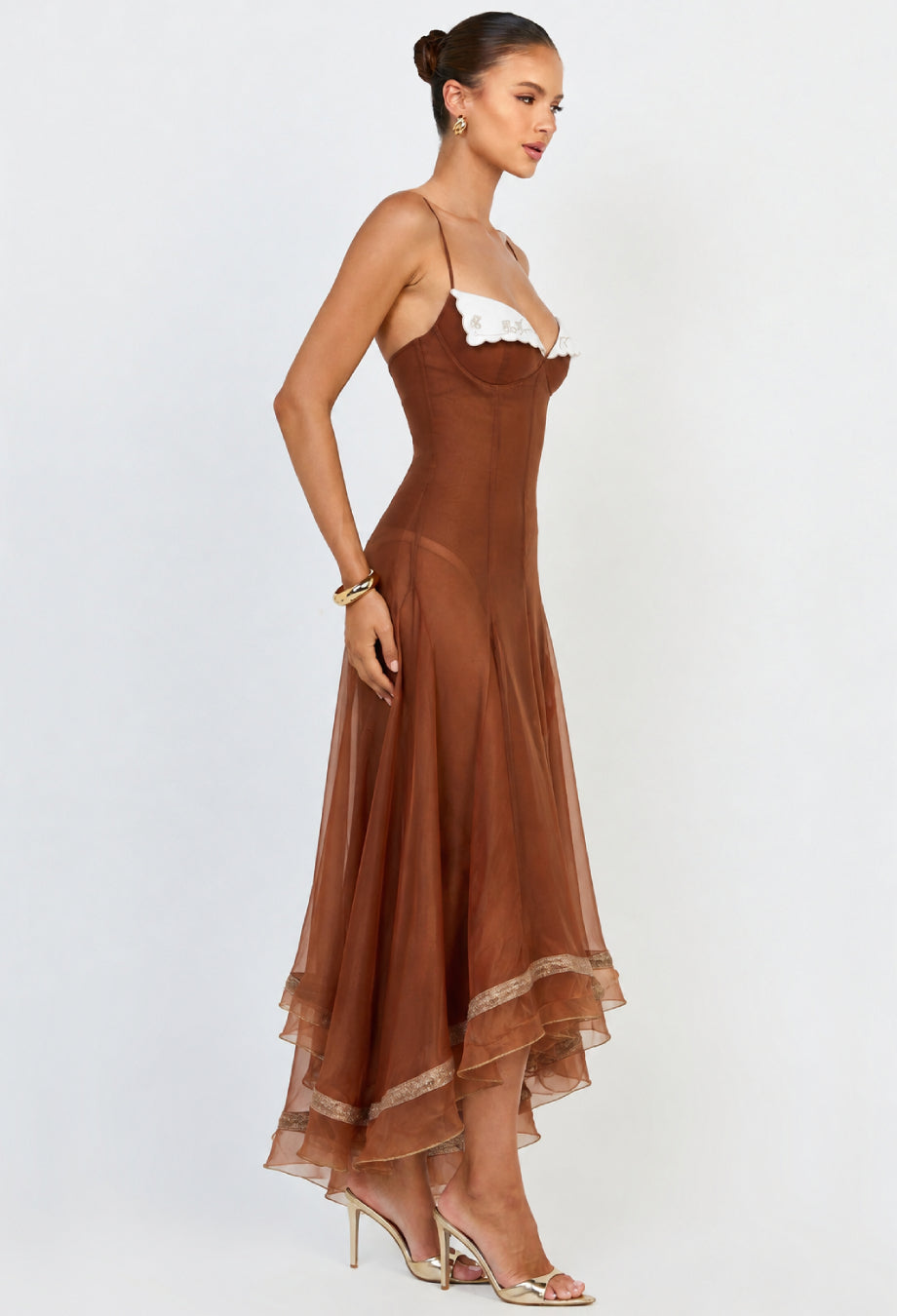 Anais Brown Chiffon Sheer Overlay Midi Dress