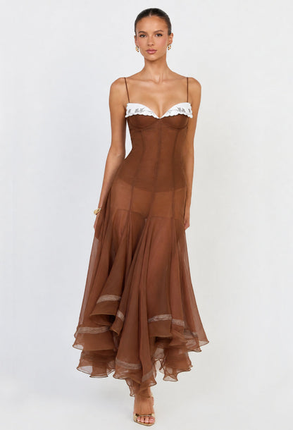 Anais Brown Chiffon Sheer Overlay Midi Dress