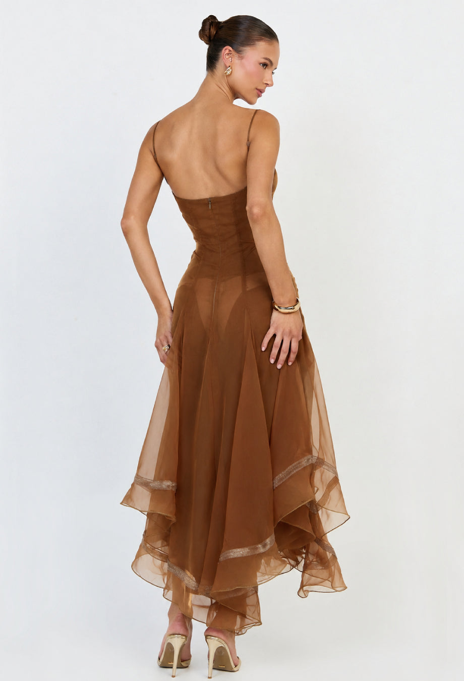 Anais Brown Chiffon Sheer Overlay Midi Dress