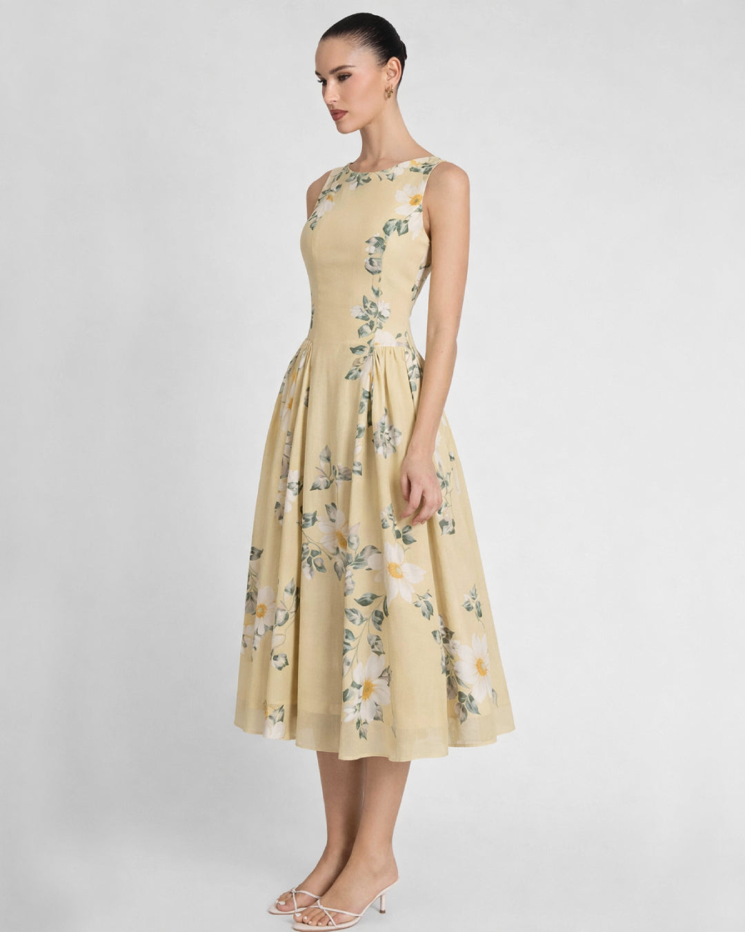 Anelis Floral Chiffon Midi Dress Lemon Yellow