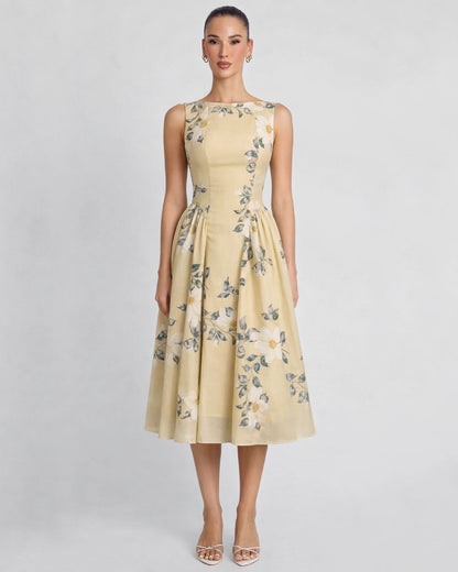 Anelis Floral Chiffon Midi Dress Lemon Yellow