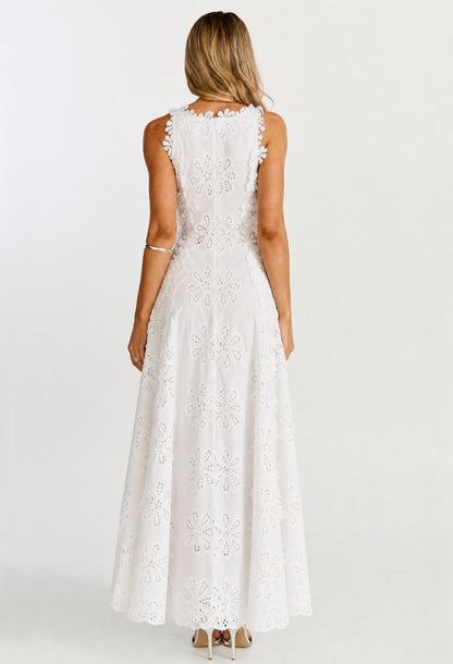 Araminta 3D Floral Broderie Anglaise Midi Dress White