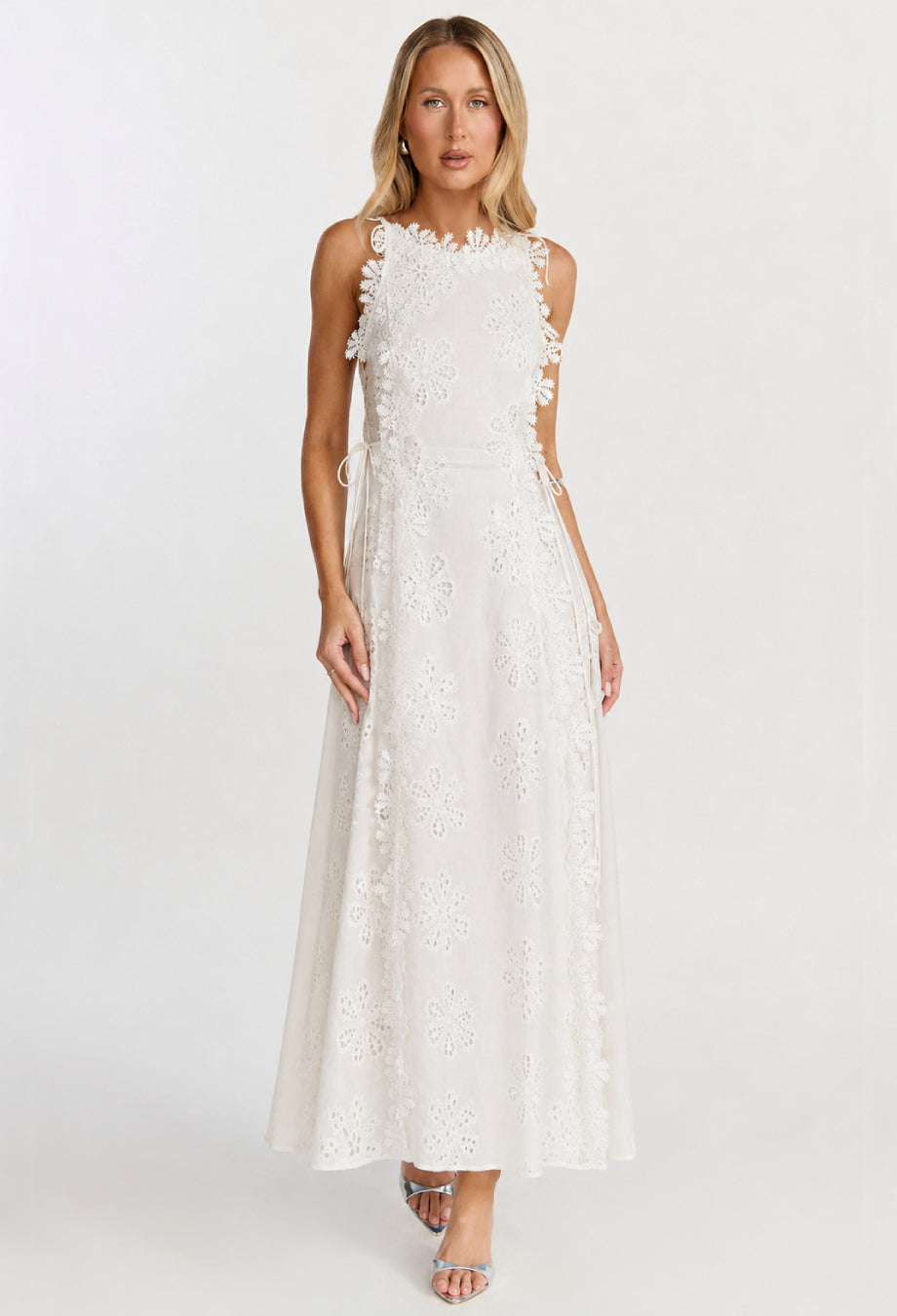 Araminta 3D Floral Broderie Anglaise Midi Dress White