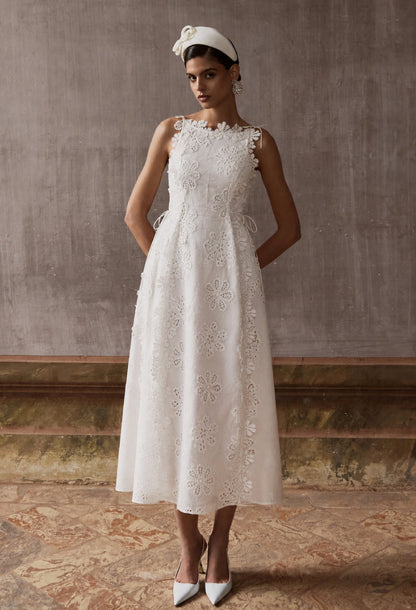 Araminta 3D Floral Broderie Anglaise Midi Dress White