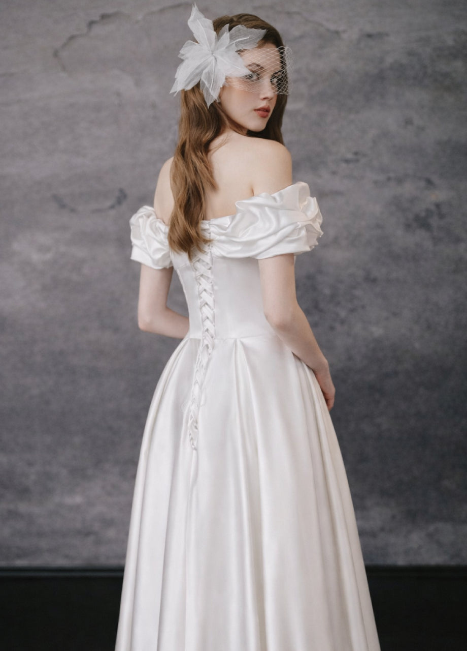 Aurelia Satin Off Shoulder Midi Dress White