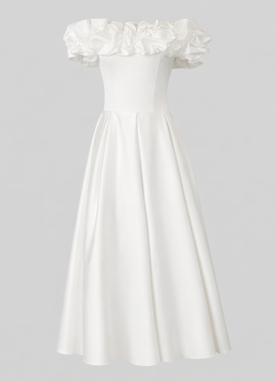Aurelia Satin Off Shoulder Midi Dress White
