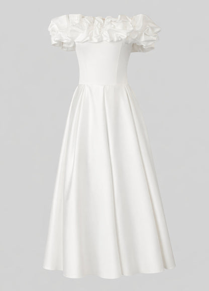 Aurelia Satin Off Shoulder Midi Dress White