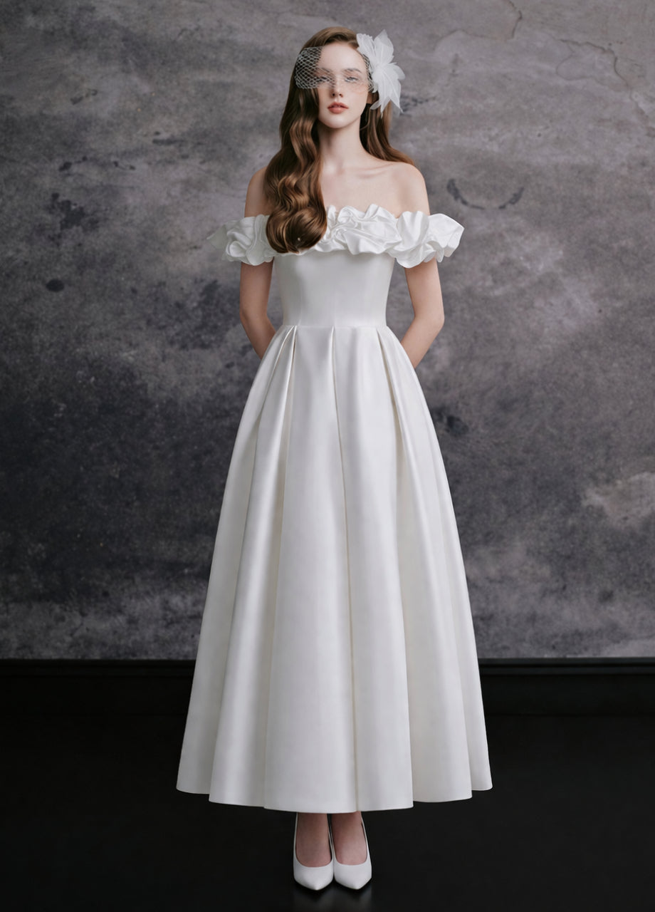Aurelia Satin Off Shoulder Midi Dress White