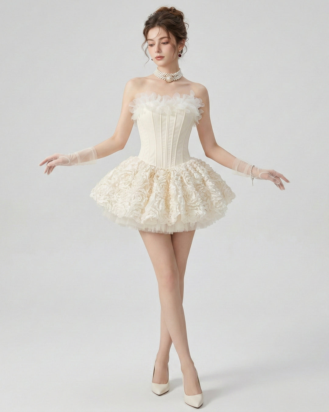 Aveta 3D Floral Mini Dress Ivory