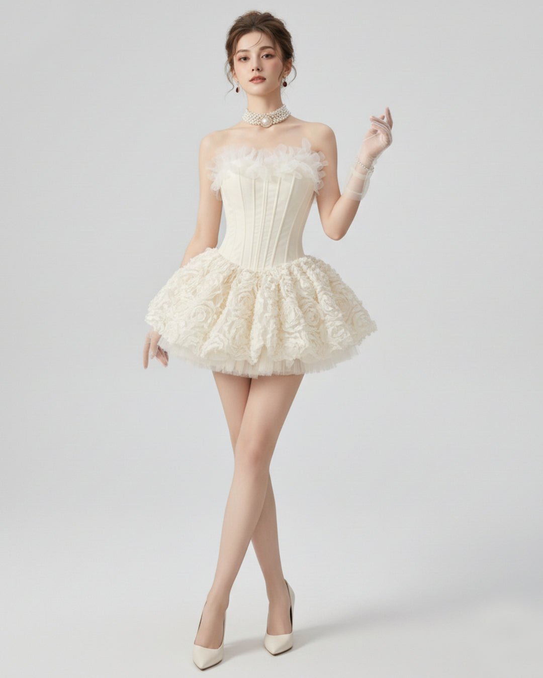 Aveta 3D Floral Mini Dress Ivory