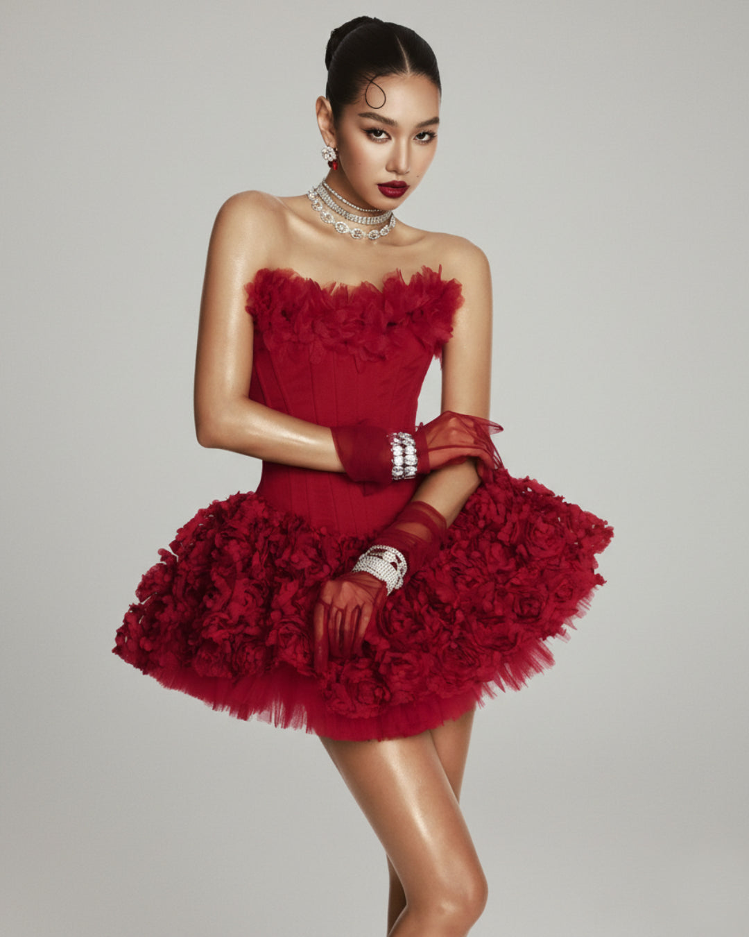 Aveta 3D Floral Mini Dress Red