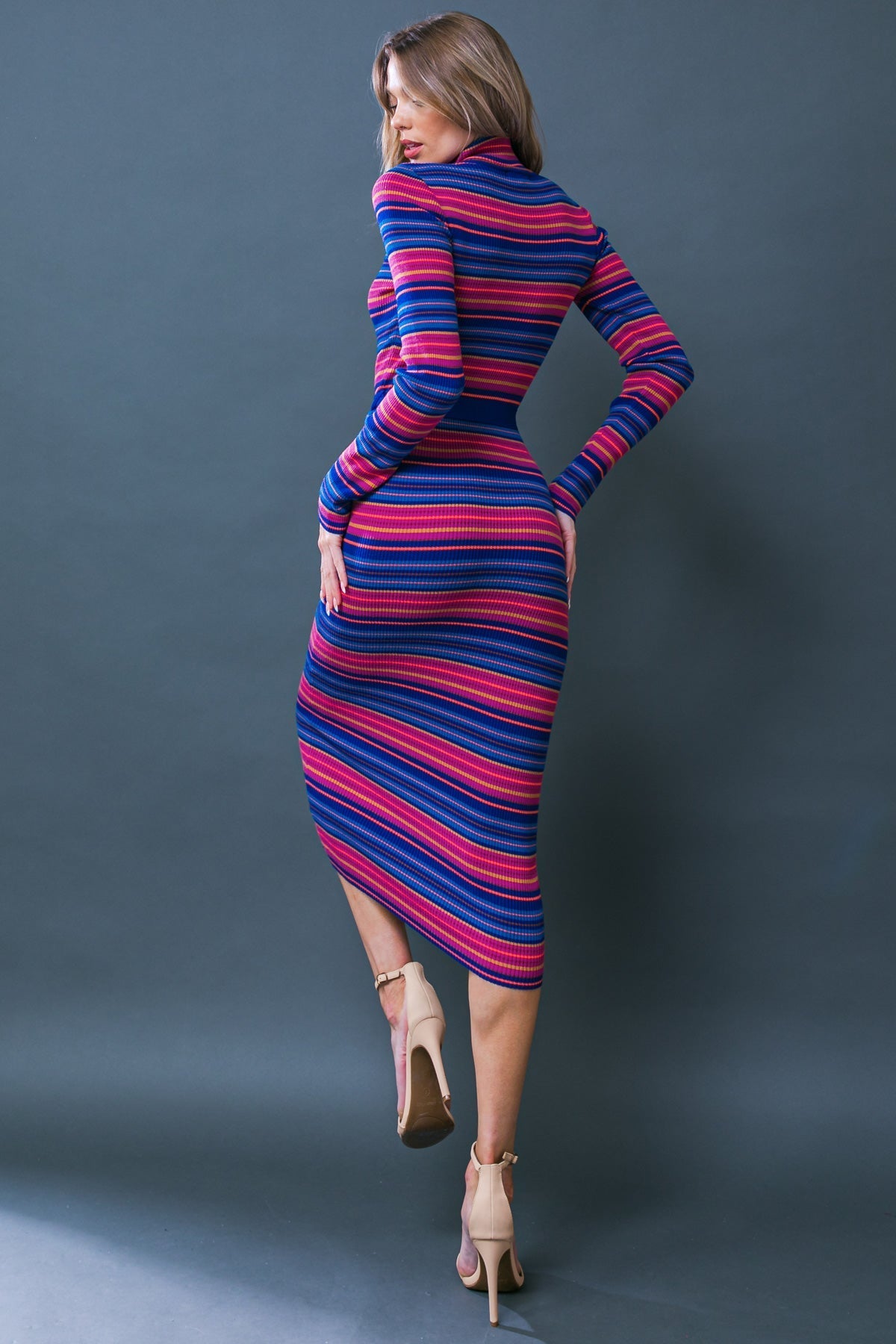 SWEATER WEATHER MIDI DRESS BLUE & FUCHSIA STRIPE