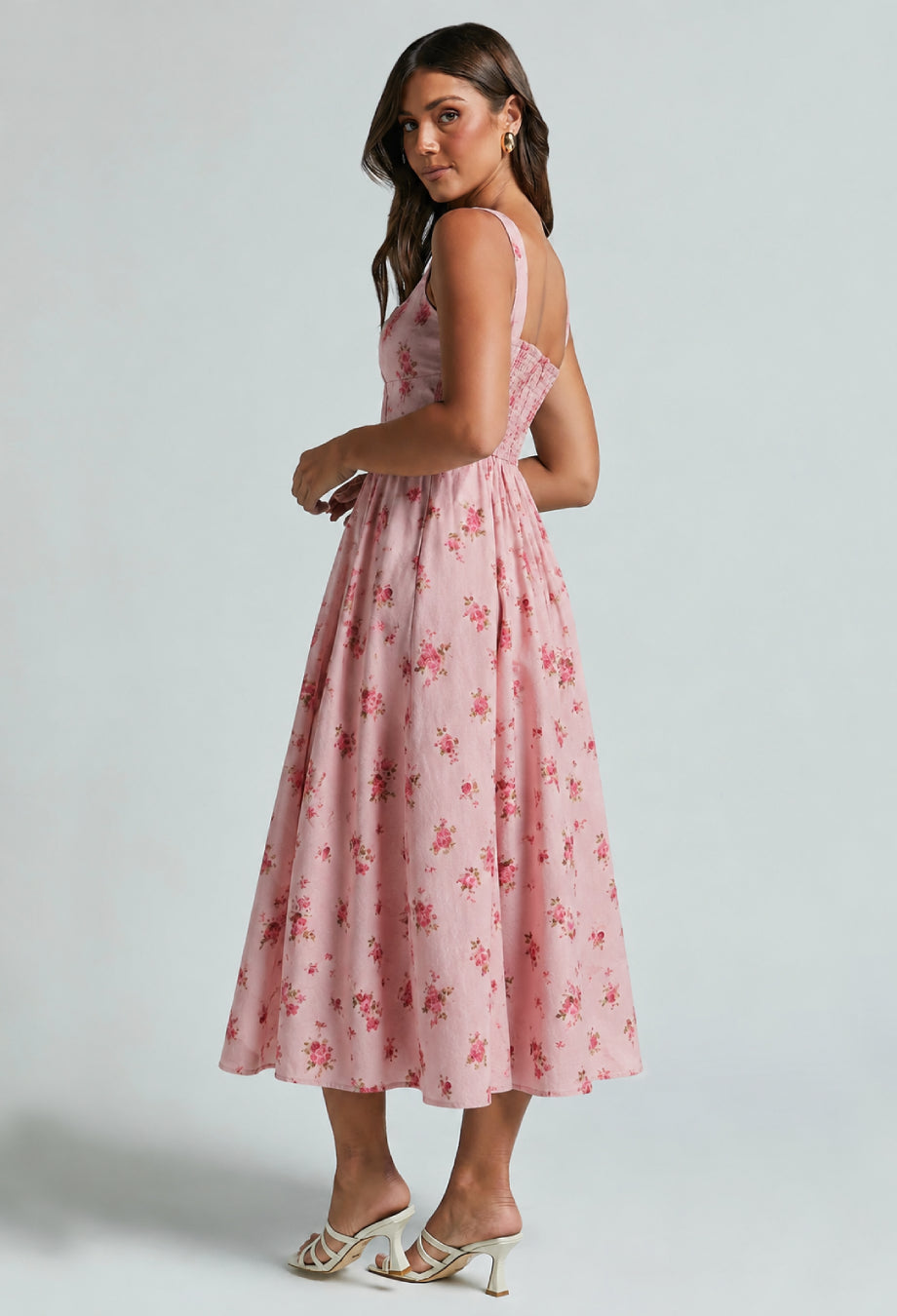 Balia Linen Floral Print Midi Dress Coral Pink