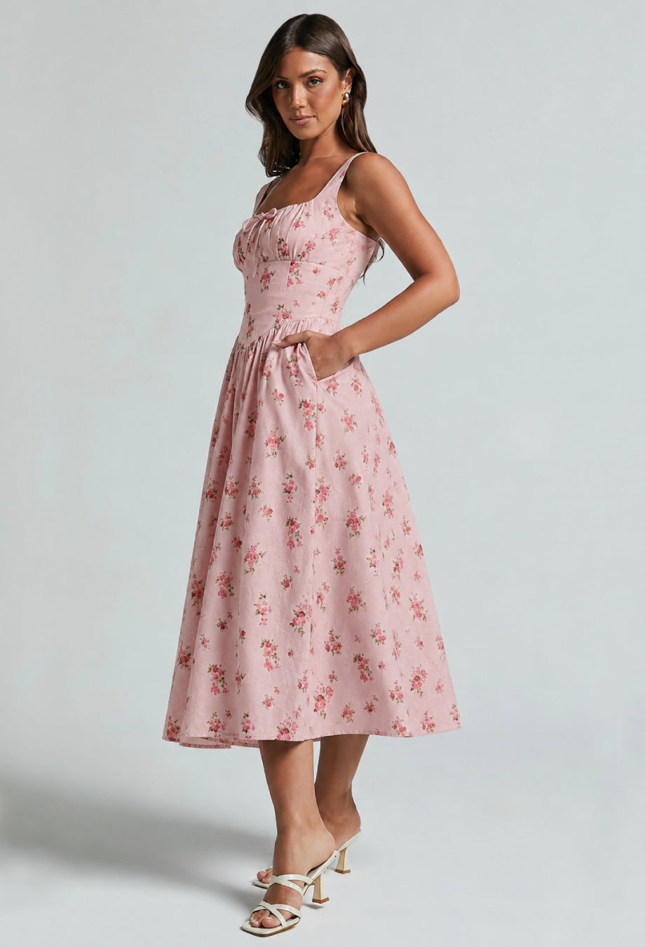 Balia Linen Floral Print Midi Dress Coral Pink
