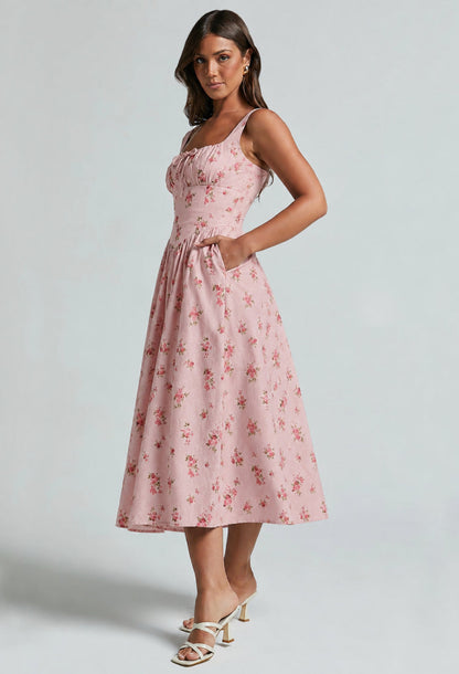 Balia Linen Floral Print Midi Dress Coral Pink