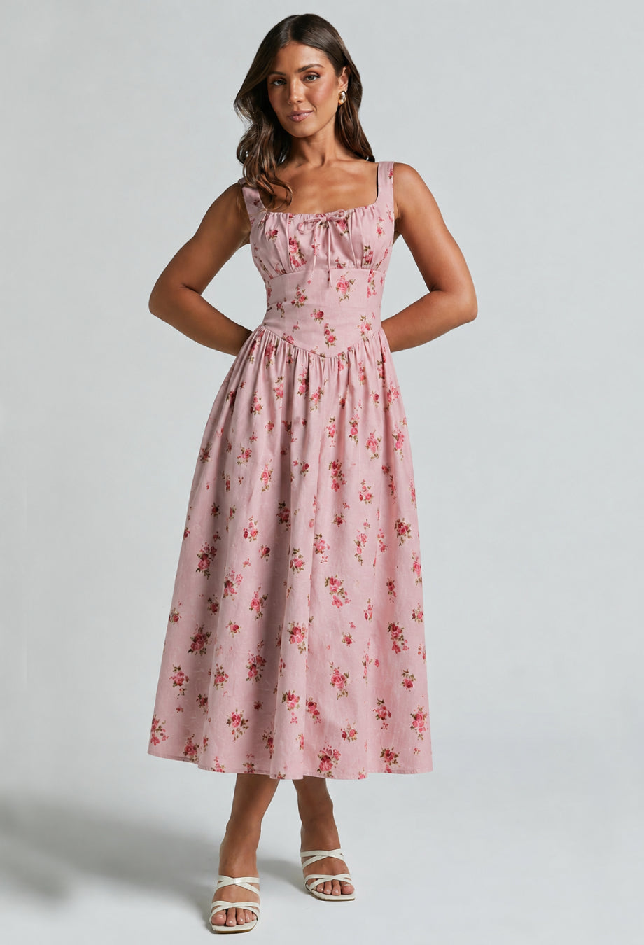 Balia Linen Floral Print Midi Dress Coral Pink