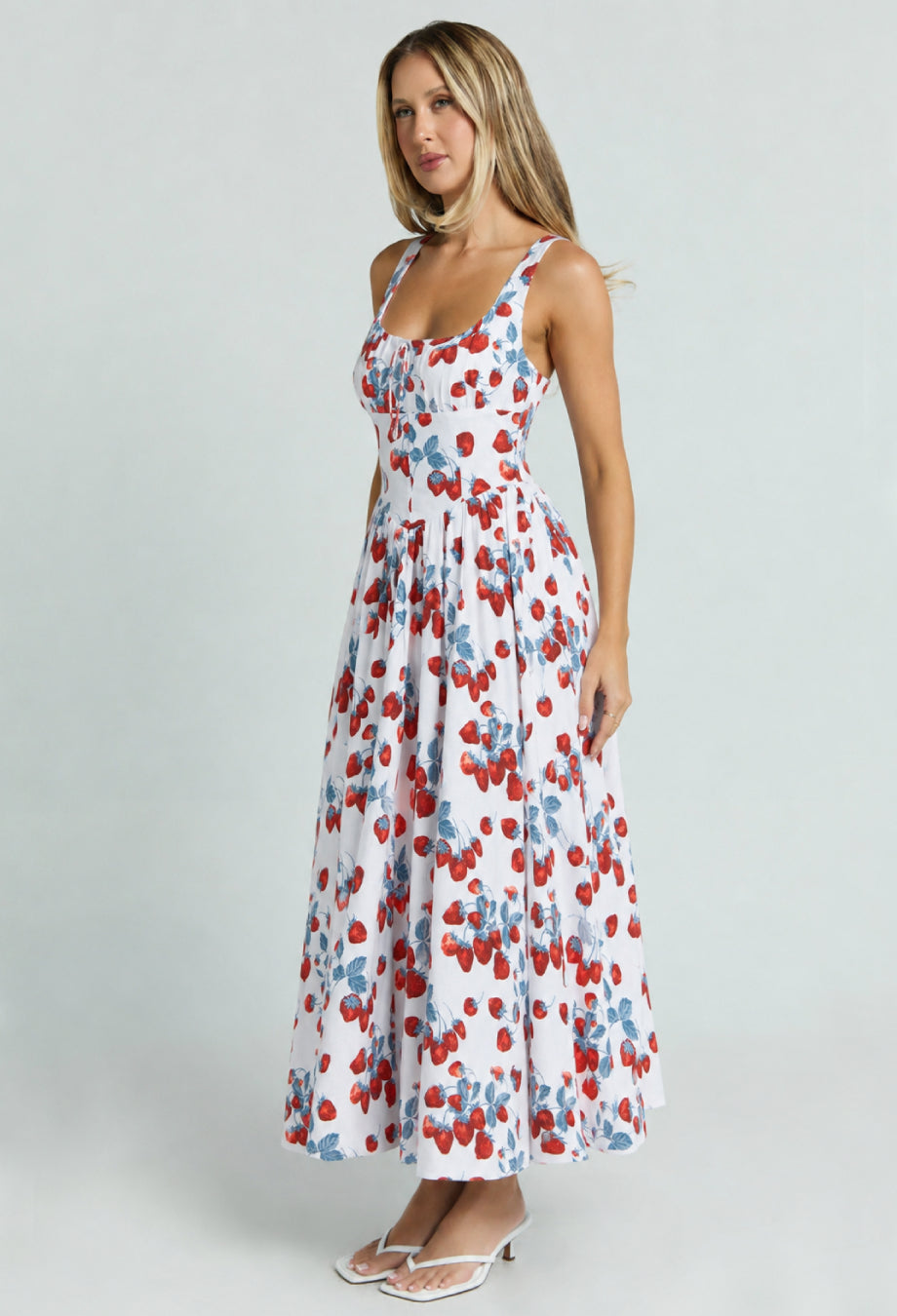 Balia Linen Strawberry Print Midi Dress