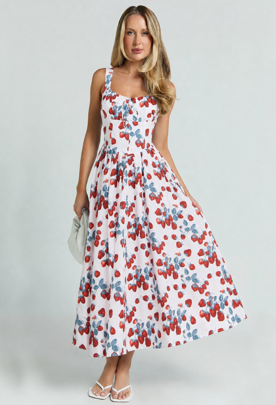 Balia Linen Strawberry Print Midi Dress