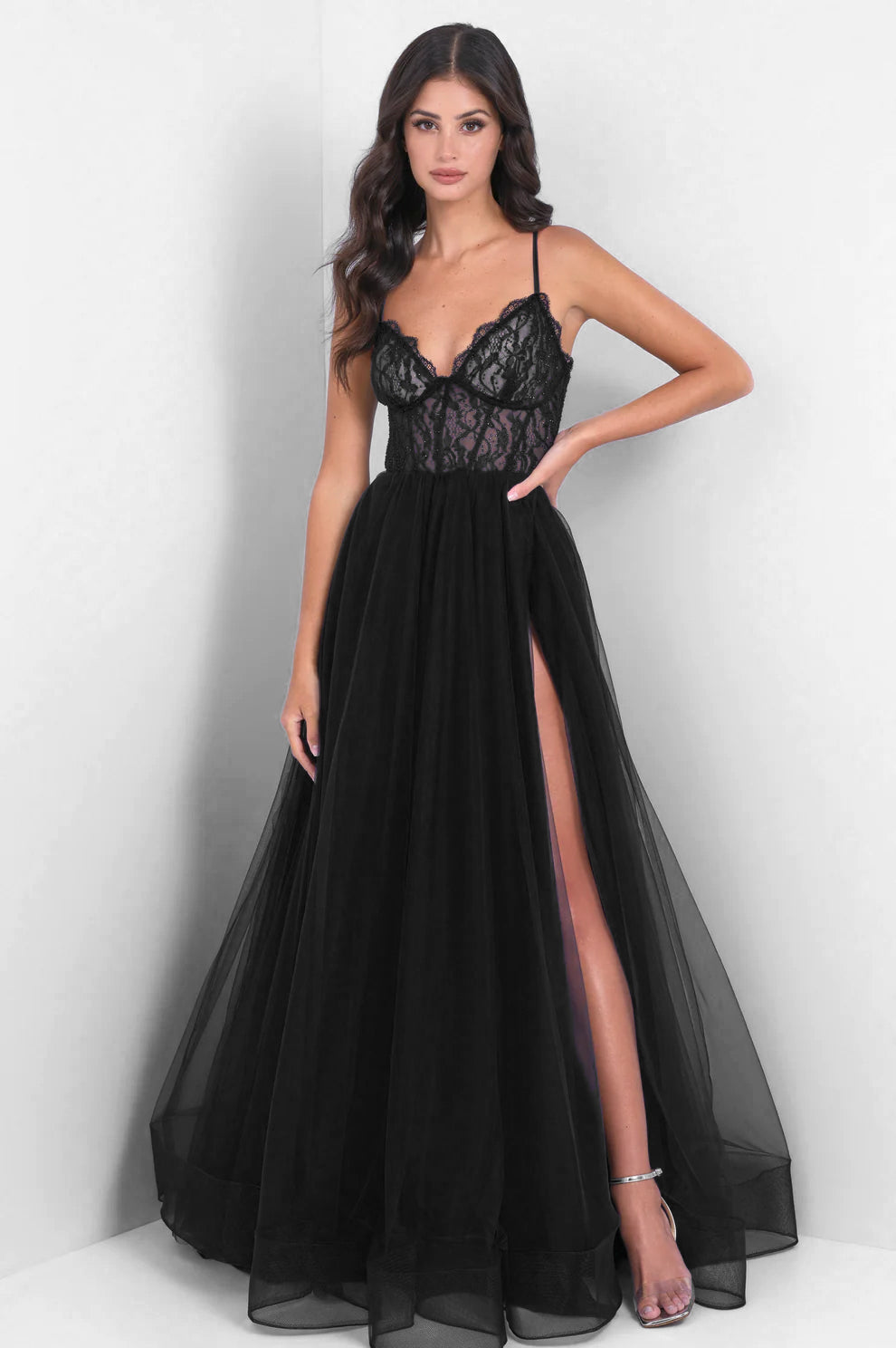 Dani Gown Black Lace & Tulle A- Dress
