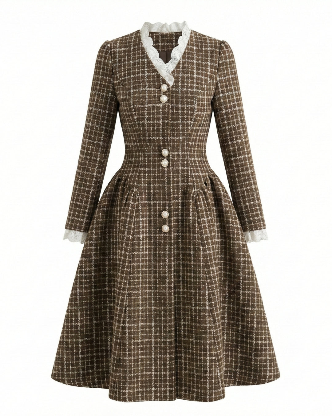Cara Gingham Long Sleeve Midi Dress Brown